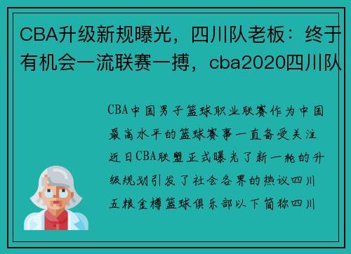 CBA升级新规曝光，四川队老板：终于有机会一流联赛一搏，cba2020四川队球员