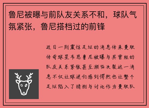 鲁尼被曝与前队友关系不和，球队气氛紧张，鲁尼搭档过的前锋