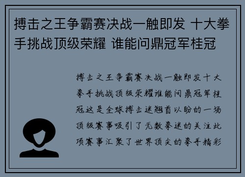 搏击之王争霸赛决战一触即发 十大拳手挑战顶级荣耀 谁能问鼎冠军桂冠