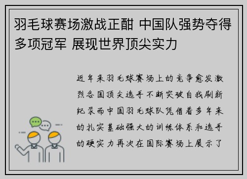 羽毛球赛场激战正酣 中国队强势夺得多项冠军 展现世界顶尖实力